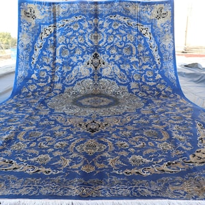 Blue Silk Rug 7x10 ft Handmade Afghan Silk Rug- Afghan Silk Area Rug/ Tribal Turkmen Rug/ Turkish Boho Silk Rug/ Dining Table Rug/ Bedroom