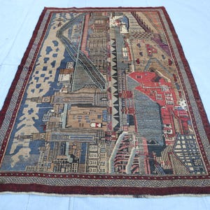 4&#39;4x6&#39;7 Ft One Of a Kind Antique Balochi Pictorial Area Rug,  Rug- Buildings City Houses rug, Afghan Wool Rug, Afghan Rug, Bohemian Boho Rug