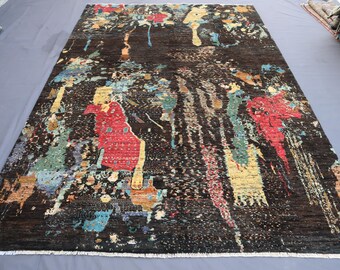 Afghan Art Rug 6'7x9'5 ft, hand Knotted Wool Area Rug, Modern Gabbeh Area Rug, Rugs For Living Room, Boho Bohemian Rug, 200x288 cm Area Rug