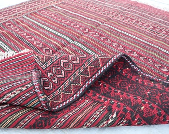 4'5x6'0 ft Vintage Kilim Area rug, Afghan Handmade Wool Rug, Antique Oriental Rug, Turkmen Striped Rug, Orange Shape Red Rug Living Room Rug