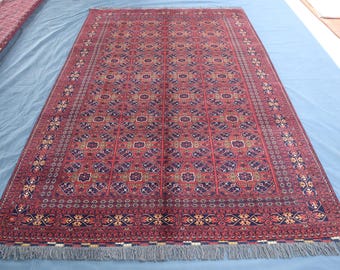 7x10 ft Afghan Vintage Area Rug, Hand Knotted Wool Rug, Khal Muhammadi Bukhara Rug Stunning Turkmen Tribal Rug, Vintage Oriental Nomadic Rug