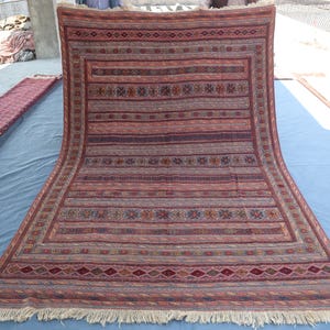 Vintage Sumak Kilim Area Rug 6&#39;3x9&#39;5 ft Afghan Handmade Wool Rug, Striped Antique Kilim Rug, Tribal Vintage Kilim Rug, Turkmen Bokhara Kilim
