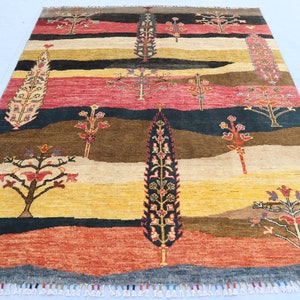 5&#39;3x6&#39;5 ft Afghan Handmade Tree Of Life Area Rug, Turkoman Pictorial Rug, Handmade Wool Area Rug, Christmas Tree Rug, Kids Room Rug, Office