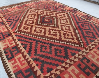 6x9 ft großer afghanischer Vintage-Ghalmoori-Kelim-Teppich/handgefertigter flachgewebter geometrischer Teppich/orientalischer turkmenischer Teppich/Wohnzimmer/Esstischteppich