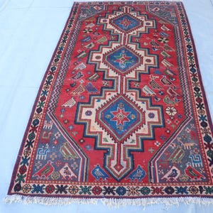 Alfombra antigua de 1,2 x 2,1 m, estilo caucásico, vintage, pieza de coleccionista, de pelo largo, diseño turco, geométrica, de lana, hecha a mano, turcomana, para dormitorio.