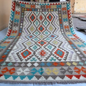 7x10 ft Large Area Kilim Rug, Vintage Handmade Wool Geometric Rug, Afghan Flatweave Kilim Boho Area Rug, Dining Table Carpet Living Room Rug