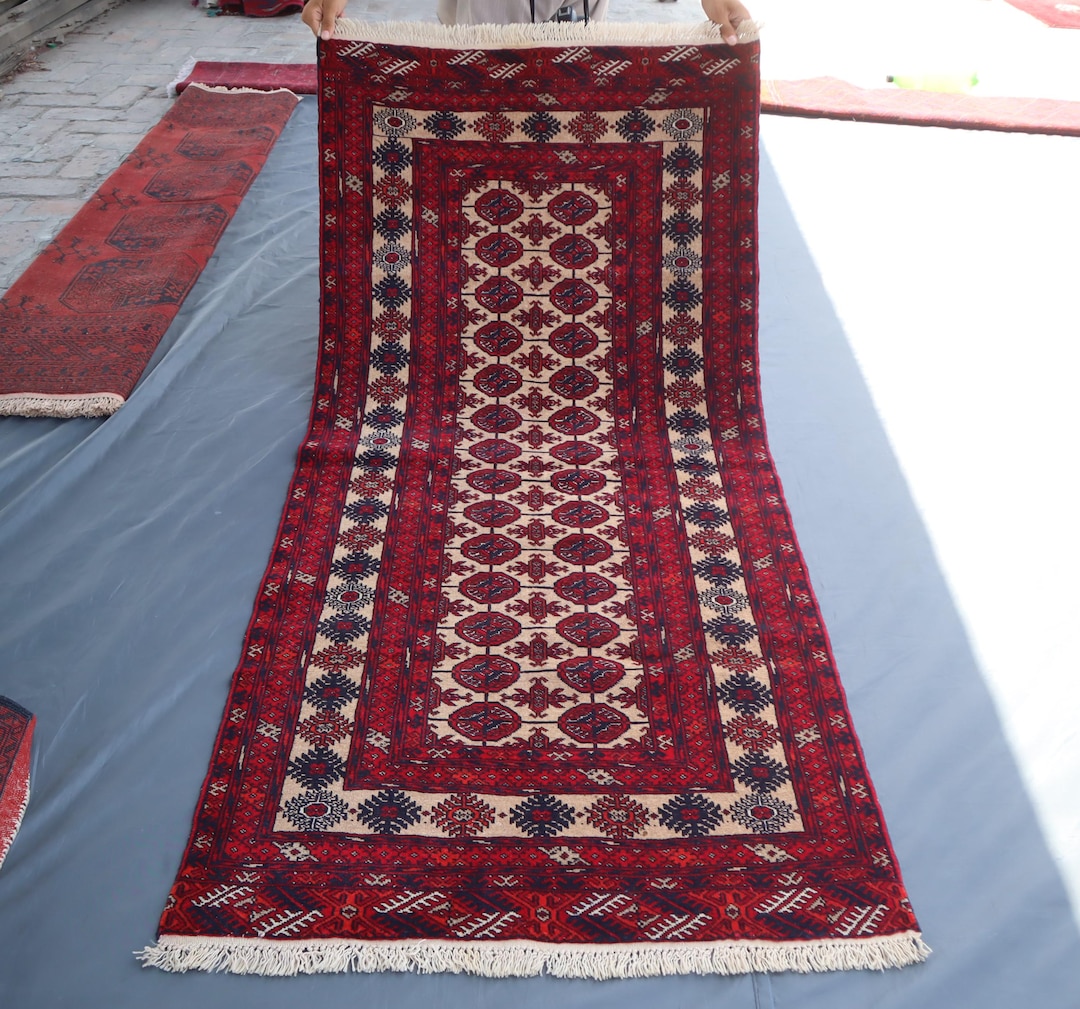 6 Ft Runner Rug / Beige Red Bukhara Rug 2'9x6 Ft / Handmade Wool Rug ...