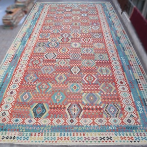 Oversized Afghan Wool Rug: 17x32 ft Beige Red Geometric Flatweave