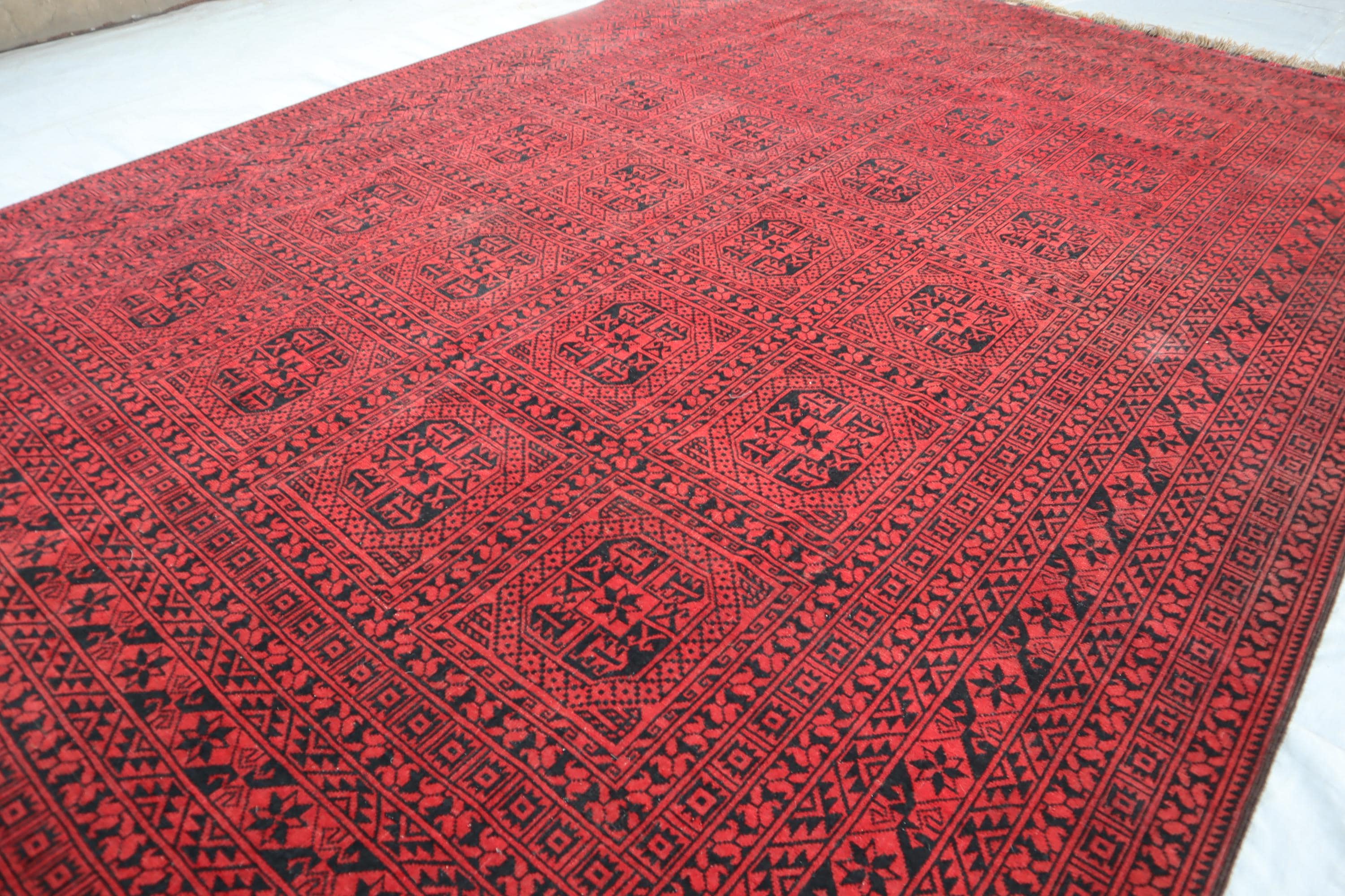 7x10 Red Afghan Ersari Rug- Turkoman Handmade Wool Area Rug- Antique Wool Rug- Oriental rug- Bedroom Rug Living Room Carpet, Geometric Rug