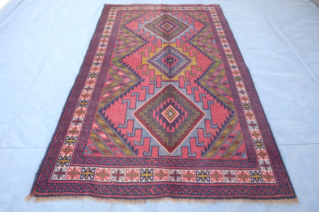 4x6 Antique Faded Caucasian Red Rug, Vintage Baluch Rug, Geometric ...