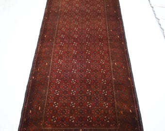 3'5x12'7 ft Vintage Runner Rug- Hand Knotted Wool Rug- 1960s Antique Bukhara Rug- Kitchen Runner Rug- Hallway Runner Rug- Kitchen Runner Rug