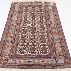 Alfombra caucásica de 1,2 x 1,5 m, alfombra afgana hecha a mano de estilo ersari, alfombra tribal de color marfil, crema y rojo, alfombra oriental turcomana, alfombra para sala de estar, alfombras afganas de 1,2 x 1,8 m