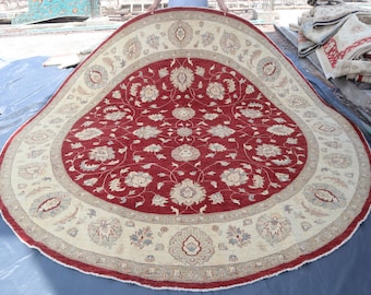 10x10 ft Large Round Area Rug - Handmade Wool Afghan Rug - Palace Size Area Rug - Turkmen Hand Knotted Rug - Red Round Rug- Living Room Rug