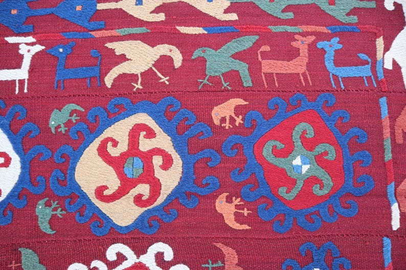 Arazzo Suzani da parete 5'1x5'7 Ft - Decorazione per soggiorno - Copritavolo Suzani ricamato, copriletto fatto a mano, arazzo da parete Suzani colorato immagine 10
