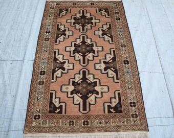 3x4'7 ft Antique Terracotta Rug, Turkmen Geometric Balochi rug, Handmade Wool Rug, Dark Brown Vintage Soft Pile Rug, Oriental Rug, Bedroom
