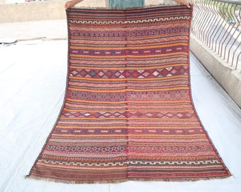 Alfombra Kilim antigua a rayas de 1,48 m x 2,01 m / Alfombra de lana hecha a mano / Alfombra Kilim Somak / Alfombra oriental / Alfombra auténtica / Alfombra de oficina / Alfombra única