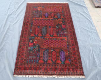 3 x 5 fot bildrik tigermatta, handknuten ullmatta, balochisk bildrik matta, afghansk vintagematta, heminredningsmatta, mattor med naturliga vegetabiliska färger