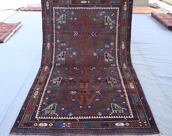 1960s Antique Balochi Rug 3'8x6'5 ft Afghan Vintage Rug, Turkmen Tribal Rug, Soft Pile Area Rug, Living Room Rug, Bedroom Carpet, Home Decor
