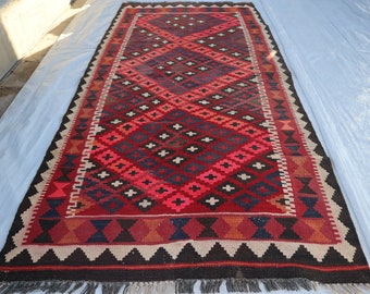 Tappeto Kilim antico degli anni '70 / Tappeto orientale a tessitura piatta / Tappeto turkmeno vintage sbiadito / Tappeto 100% lana / Tappeto geometrico verde marrone arancione / Tappeto autentico