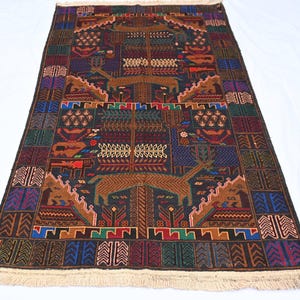 アフガニスタン絵画アートラグ、3'10x6'10のハンドメイドウールラグ、トルクメン族の民族ラグ、柔らかなパイルのオリエンタルアドラスカニラグ、生命の樹ラグ、子供部屋用ラグ