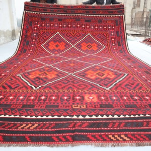 8&#39;3x13&#39;3 ft Large Antique Rug Afghan Handmade Kilim Wool Rug, Geometric Caucasian Style Vintage Rug, Flatweave Oriental Rug Boho Turkish Rug