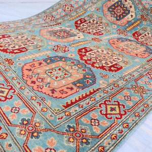 4x6 ft Afghan Ersari Kazak Rug- Handmade Natural Wool Turquoise Rug- Oriental Modern Area Rug- Living Room Rug- Bedroom Rug- Office Rug 4x6
