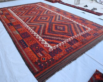 8x14 ft Afghan Large Vintage Kilim Rug/ Handmade Flatweave Diamond Deisgn Geometric Area Rug/ Oriental rugs/ Living Room/ Dining Table Rug
