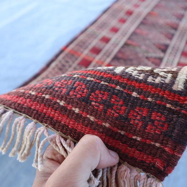1'5x10 Runner Rug/ 1900s Antique Handmade Vintage Turkmen Caucasian Rug/ Oriental Wool Rug/ Natural Terracotta Afghan No Pile Hallway Runner