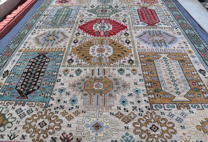 Tappeto afghano extra large 10'5x13 - Tappeto in lana annodato a mano - Tappeto orientale turcomanno Khoja Rushnaye - Tappeto per soggiorno, tappeto per tavolo da pranzo immagine 9