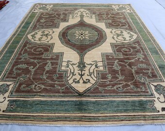 Large Afghan Heriz 8'5x10'4 ft Rug- Beige Brown Oriental Rug, Turkish Style Afghan Hand knotted Veg Dyes Wool Area Rug, Dining Bedroom Rugs