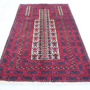 Handmade Vintage Afghan prayer Rug 2'3x4'0 ft Turkmen Red Bukhara rug, Afghan Handmade Wool Rug, Oriental Balochi Rug, Bedroom Office carpet