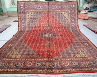 Groot vintage serapi-tapijt, 9'5 x 12'9 ft handgemaakt rood Afghaans Kaukasisch tapijt - Turkmeense tribale heriz-tapijt - oosters tapijt - woonkamertapijt, kantoortapijt