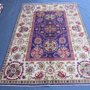 5x7 Kazak Area Rug/ Purple Beige Kazak Afghan Caucasian Style Natural Dyes Hand Knotted Wool Rug For Living Room/ Bedroom/ Oriental Area Rug