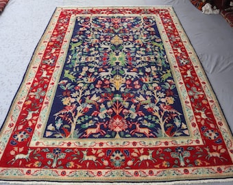 One of a Kind Pictorial rug, 6'7x9'4 ft, Handmade Wool Rug, Handmade Art Decor Rug, Afghan Area Rug, Animal Floral Rug, Farmhouse Art Decor