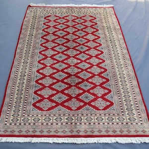 4x6 ft Red Bokhara Rug - Afghan Handmade Veg Dyes Wool Rug - Tribal Turkmen Rug - Geometric Area Rug - 100% Wool Soft Rug - Kids Room Carpet