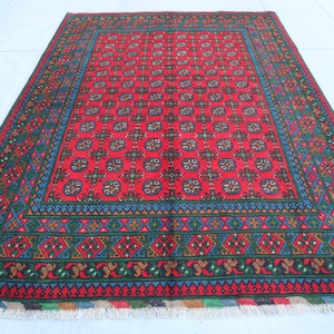 6.6x9.3 Ft Red Turkoman Bokhara Rug- Fine Quality Wool Rug- Afghan Hand Knotted Area Rug- Oriental Rug- Living Room Rug- Bedroom Kitchen Rug
