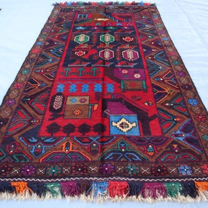 4x7 Antique Pictorial Rug, Red Vintage Afghan Hand Knotted Soft Pile Wool Baluchi Area Rug, Living Room Carpet, One of a kind Caucasian rug