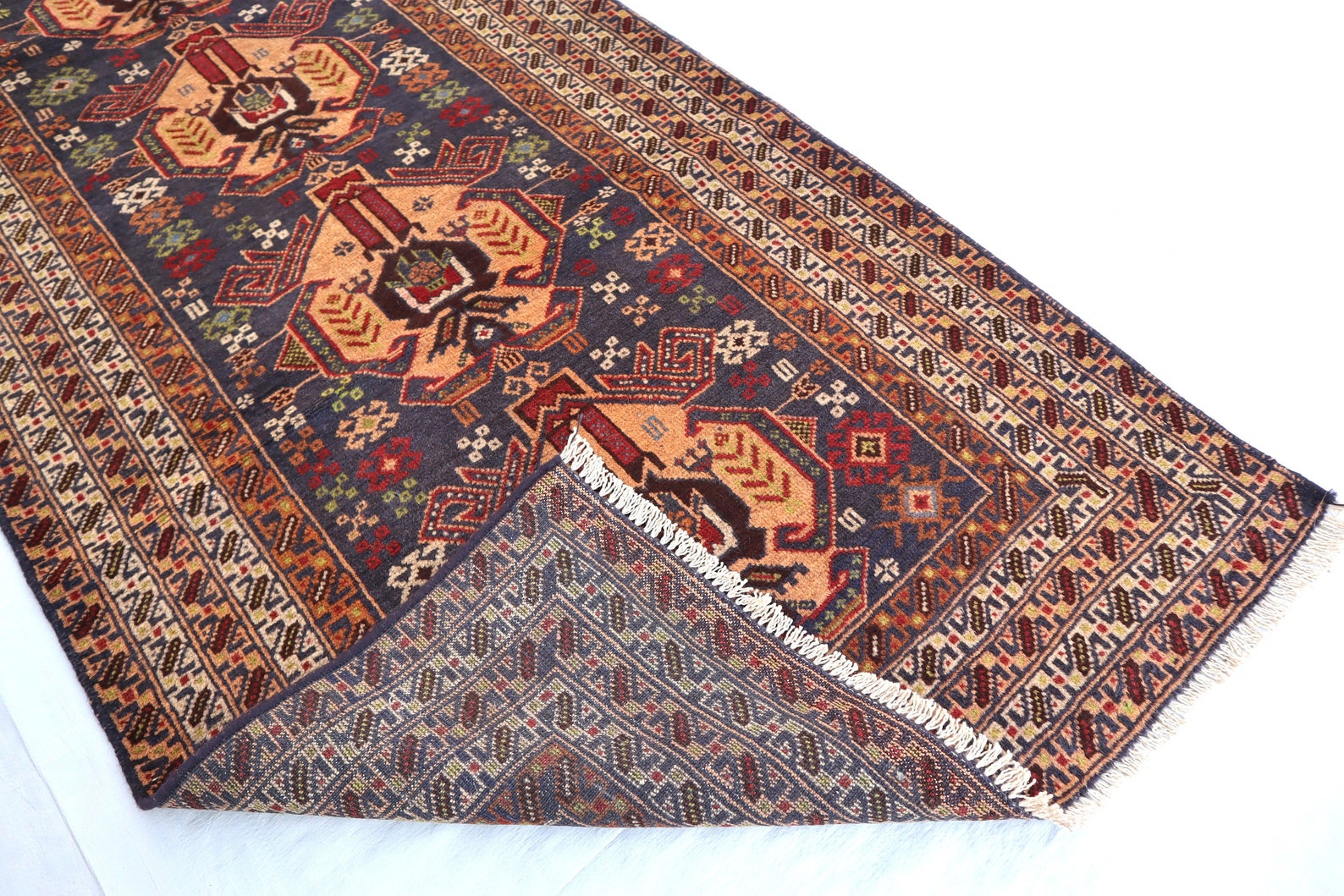 1950s Antique 3x9 Wide Runner Rug Pictorial Handmade Wool Low Pile ...