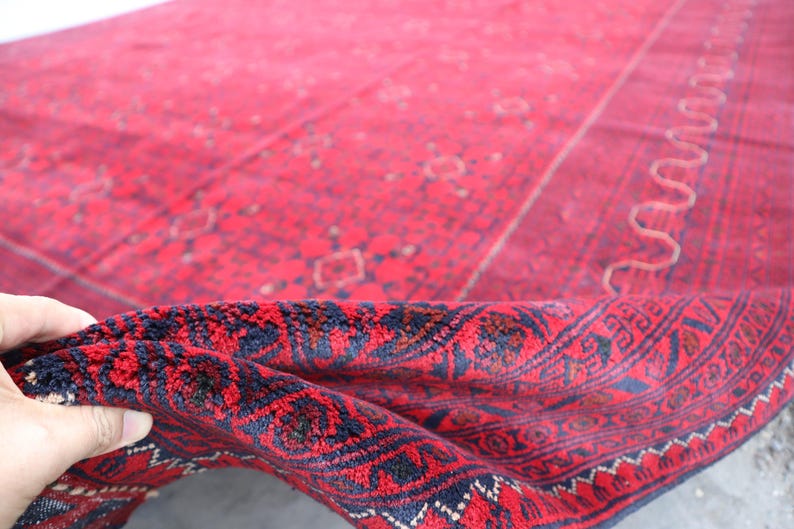 13x20 Ft Extra Large Afghan Bokhara Rug, Turkmen Handmade Wool Rug, Red