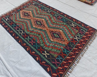 4x6'4 Ft Kilim Area Rug, Handmade Kilim Area Rug Wool Natural Colors Afghan Turkish Nomad Traditional Kilim Rug, Geometric Area Rug, Kitchen
