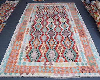 Multi Color Kilim Rug 7x10 ft Afghan Handmade Wool Rug - Geometric Afghan Kilim Area Rug - Genuine Authentic - Flatweave Area Rug - Bedroom