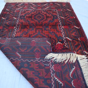 Afghan Antique Geometric Baluchi Rug 4x6&#39;5 ft Handmade Wool Red Black Turkmen Vintage Rug, 122x195 cm Area Rug, Bedroom, Dining Table Carpet