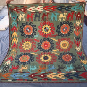 5&#39;9x6&#39;4 Square Embroidery Rug, Brown Gray Antique Uzbek Suzani Rug, Handmade Tapestry Pictorial, Oriental Vintage Carpet, Wall Hanging Rug