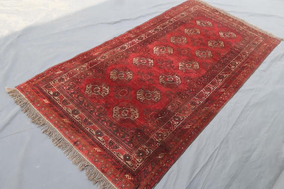 3x6 ft Antique Rusty Terracotta Rug Afghan Vintage Faded Rug, Handmade Wool Rug, Turkmen Tribal Area Rug, Oriental Bedroom Carpet, Bedroom
