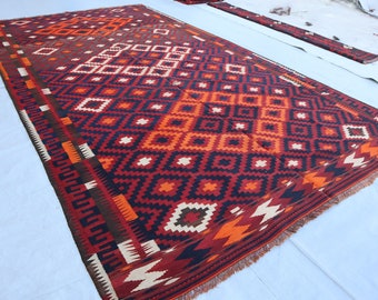 7'6x15'0 ft ヴィンテージキリムラグ、バーガンディオレンジアフガン