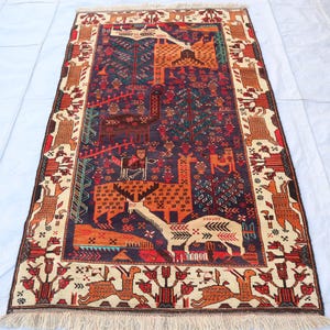 Antique Rug, 4x7 One of a Kind Pictorial Rug, Afghan Handmade Wool Area Rug, Hunting Scene Rug, COLLECTOR PIECE Rug, Wall Hanging Art Deco
