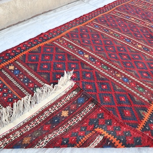 4&#39;5x9&#39;8 ft Antique Soumak Rug, Afghan Handmade Kilim Distressed Wool Rug, Oriental Bukhara Rug, Turkmen Flatweave Rug, Bedroom, Office Rugs