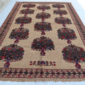 Vintage Flower Pot Rug, 7x10 Ft Hand-knotted Afghan Pictorial Area rug, High Pile Soft Wool Carpet, Oriental Red rug, Turkmen Vintage Carpet