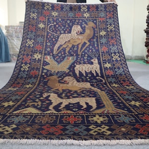4x7 ft Antique Pictorial Rugs, One of a Kind Rug, Antique Hunting Scene Rug, Handmade Wool Rug, Baluchi Pictorial Rugs, COLLECTOR PIECE Rugs