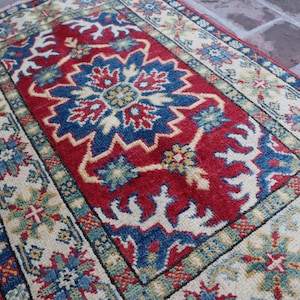 1.9 x 2.8 ft Kazak Area Rug, Red Caucasian Hand knotted Veg dyes Wool Afghan Rug, Oriental rug, Bedroom rug, Rugs for Living Room, 59x88 cm